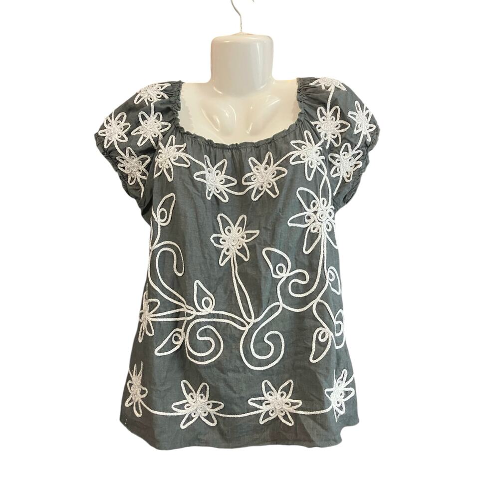 Lauren Michelle Women's Grey W/ White Sparkle Embroidrey Boho Casual Top SZ L - Picture 2 of 7